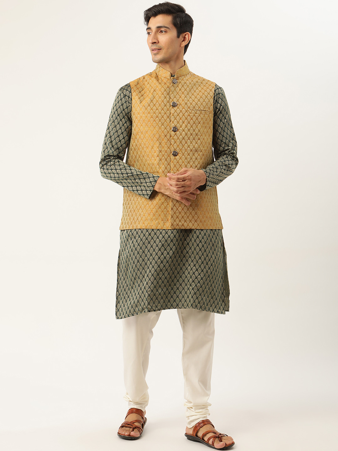 SOJANYA Men Green & Mustard Yellow Ethnic Motifs Kurta with Churidar & Nehru Jacket