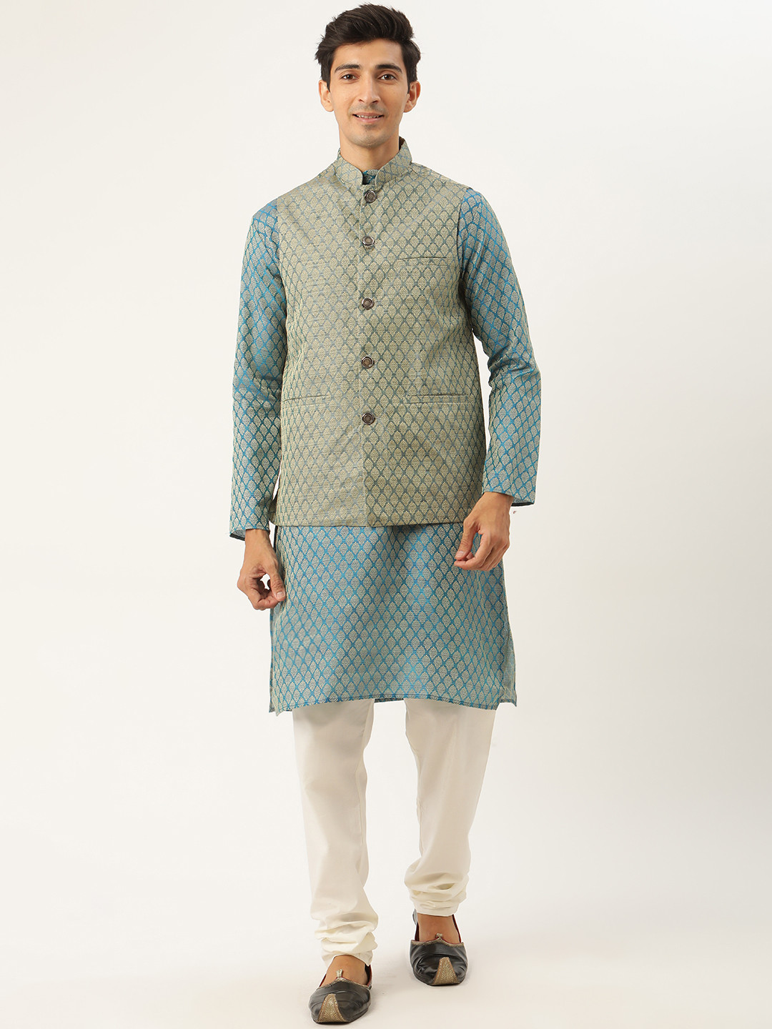 SOJANYA Men Teal Blue & Green Ethnic Motifs Kurta with Churidar & Nehru Jacket