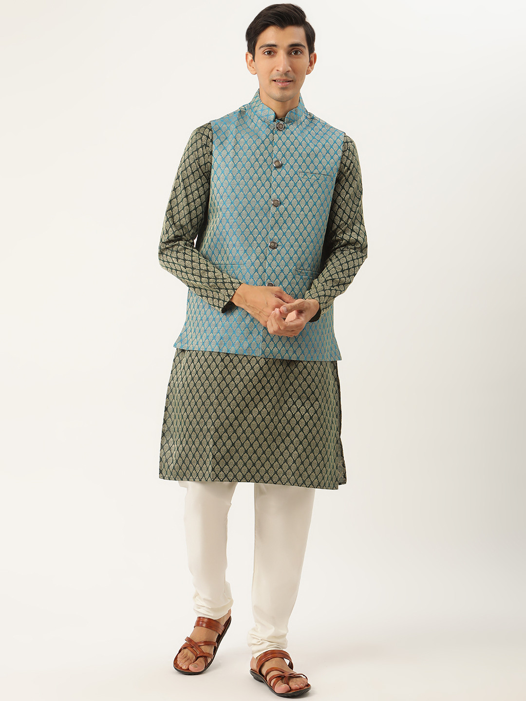 SOJANYA Men Green & Off-White Jacquard  Woven Design Kurta with Churidar & Nehru Jacket
