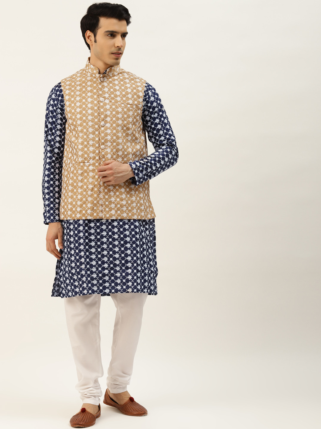 SOJANYA Men Navy Blue Chikankari Embroidered Kurta with Churidar & Nehru Jacket