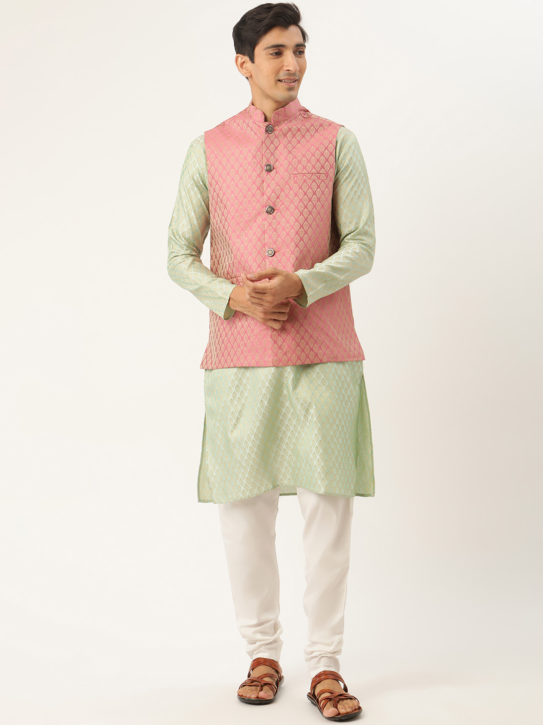 SOJANYA Men Green & Pink Ethnic Motifs Kurta with Churidar & Nehru Jacket