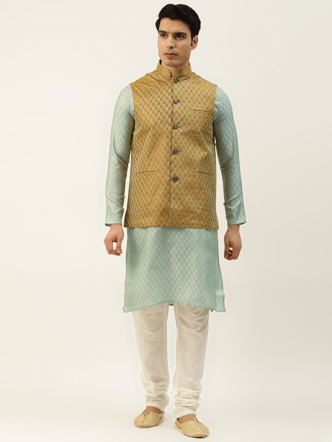 SOJANYA Men Green & Mustard Brown Ethnic Motifs Kurta with Churidar & Nehru Jacket