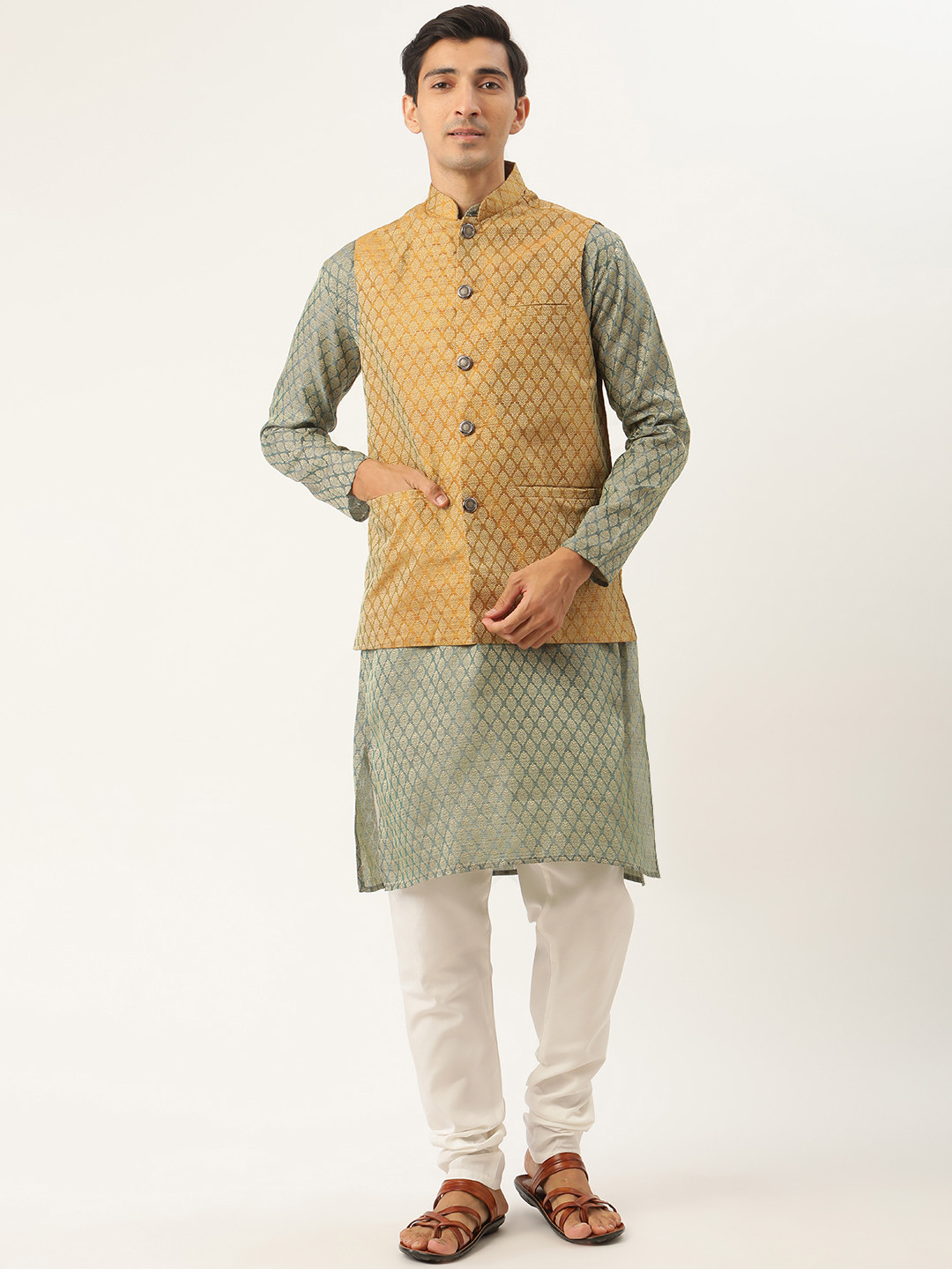 SOJANYA Men Green & Mustard Yellow Ethnic Motifs Kurta with Churidar & Nehru Jacket