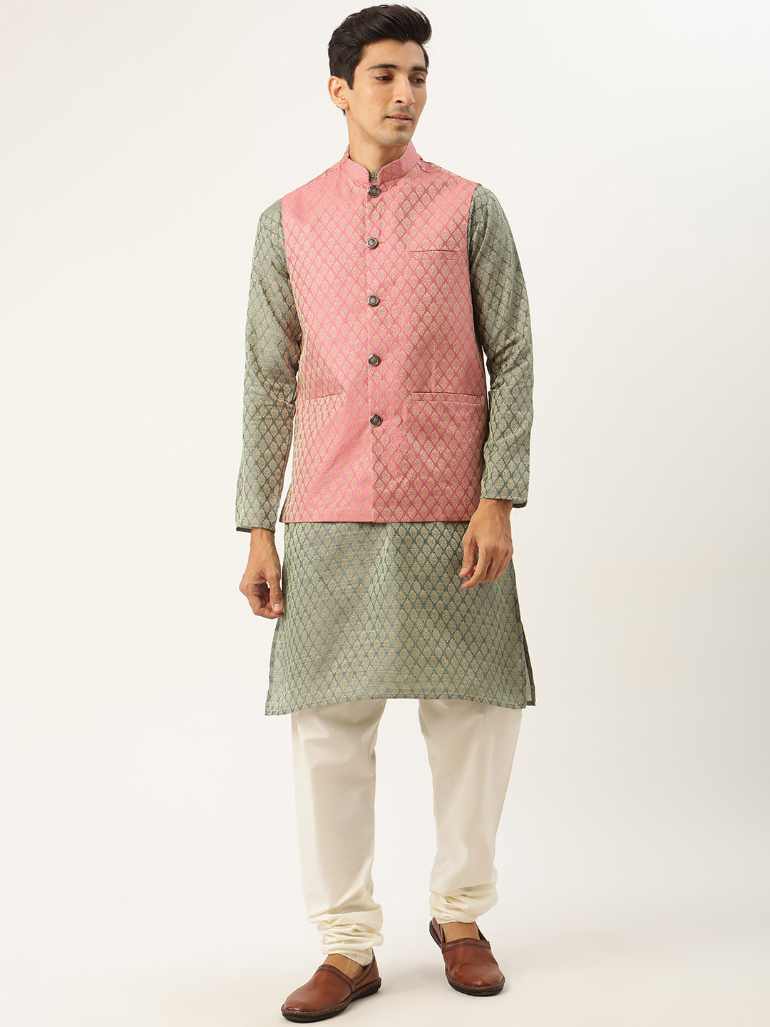 SOJANYA Men Green & Pink Ethnic Motifs Kurta with Churidar & Nehru Jacket