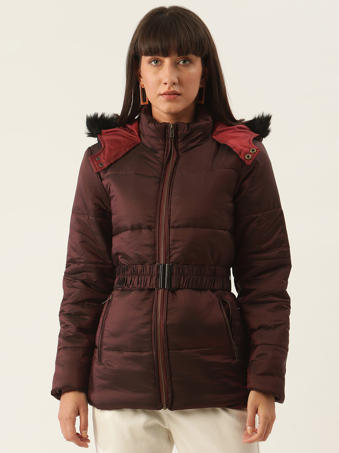 ZOELLA Women Maroon Striped Parka