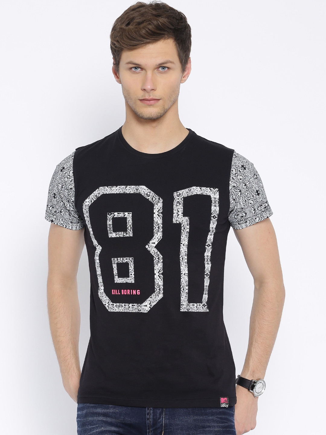 MTV Black Printed Pure Cotton T-shirt