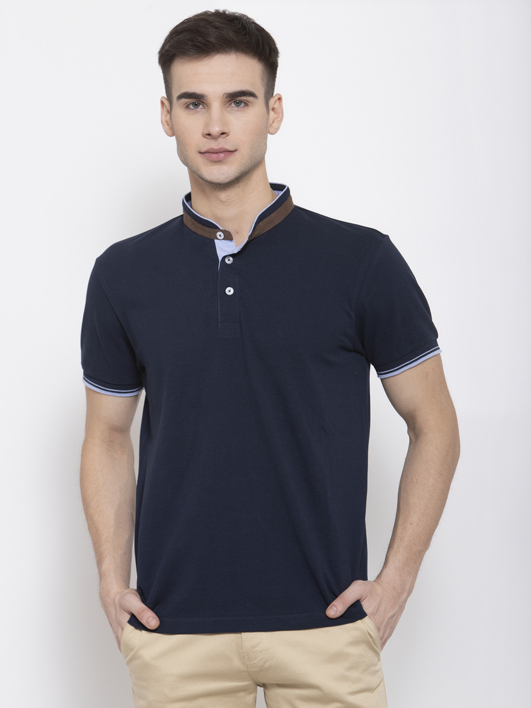 Style Quotient Men Navy Blue Solid Mandarin Collar T-shirt