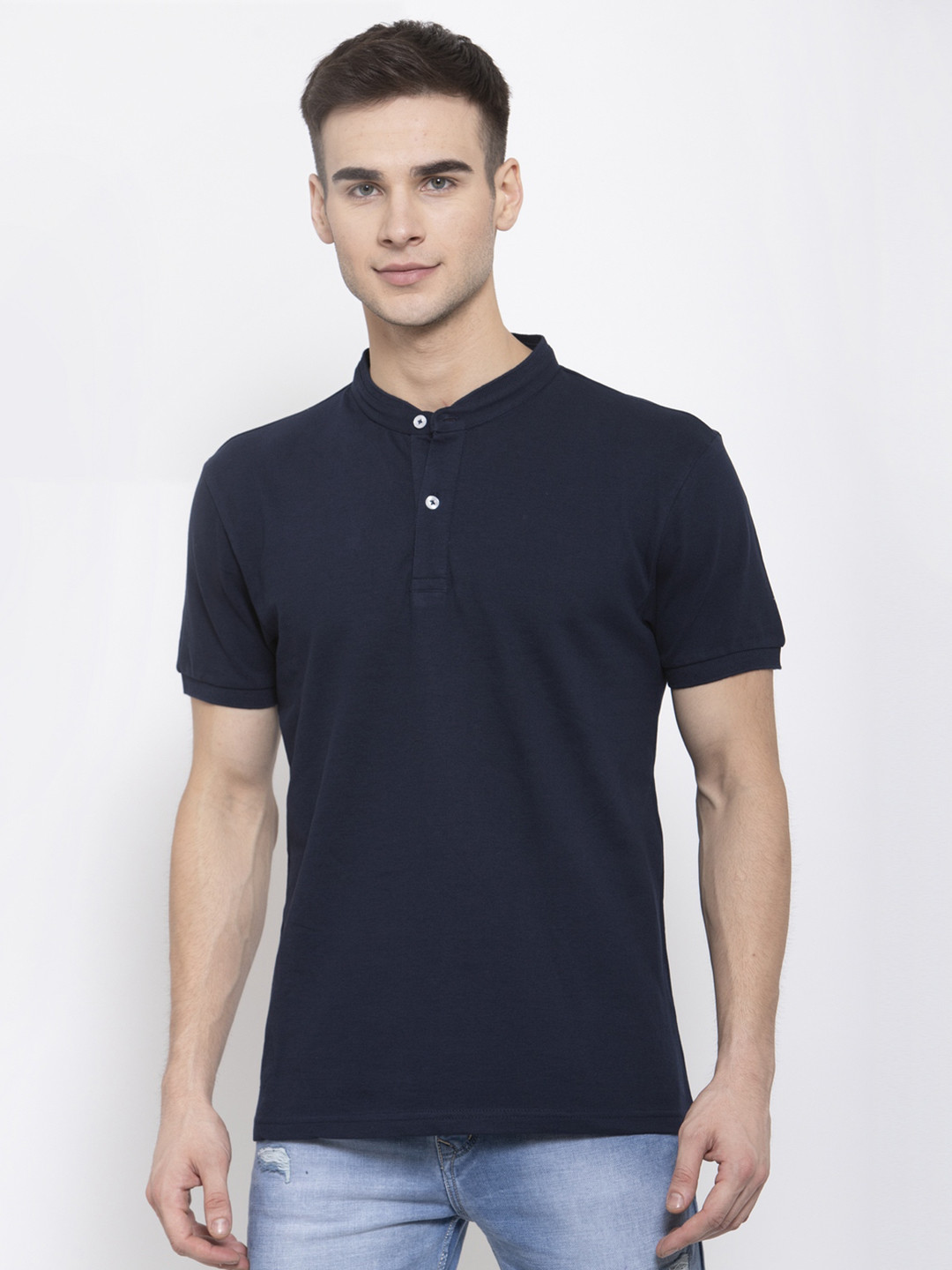 Style Quotient Men Navy Blue Solid Henley Neck T-shirt