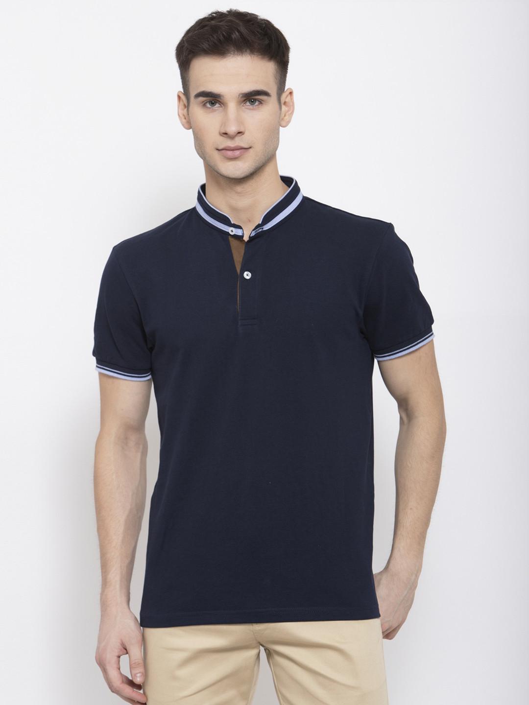Style Quotient Men Navy Blue Solid Henley Neck T-shirt