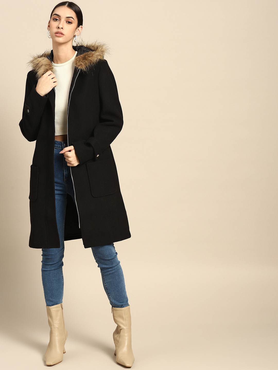 all about you Women Black Faux Fur Detailed Longline Overcoat