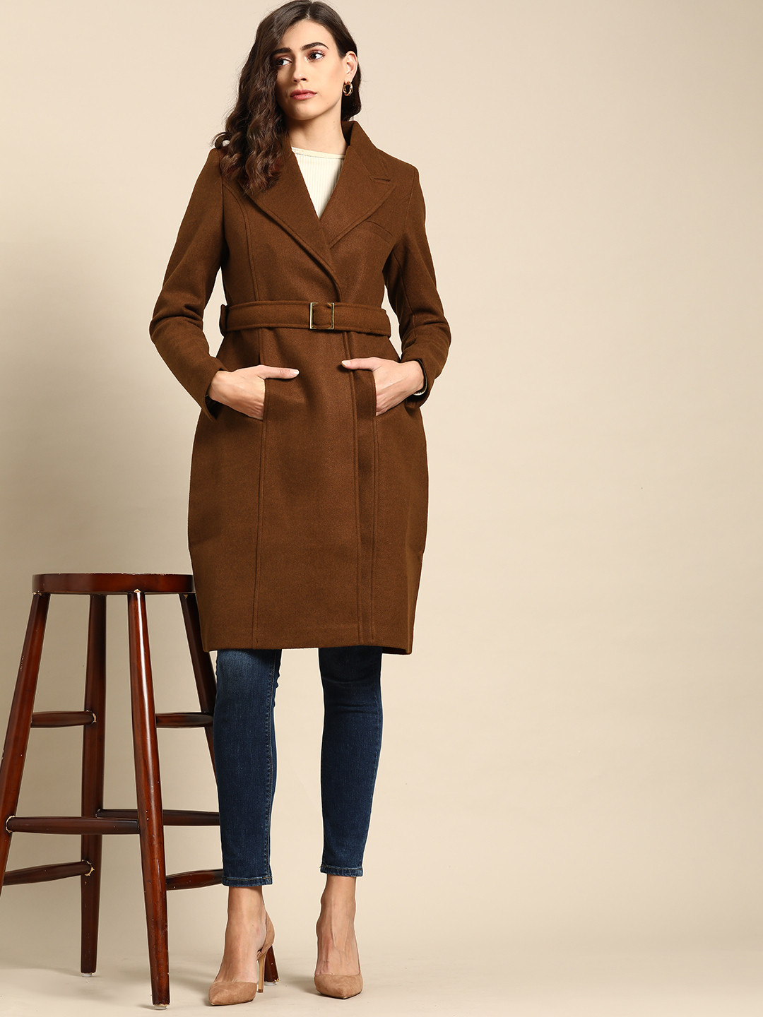 all about you Women Brown Solid Overcoat with Belt