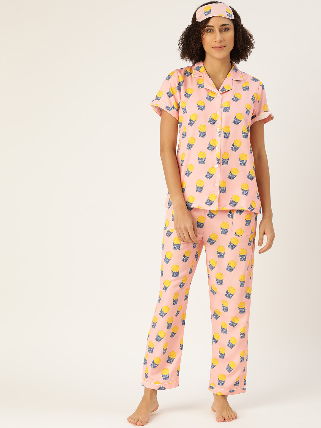 bedgasm Women Peach-Coloured & Blue Fries Printed Pyjama Set with Eyemask