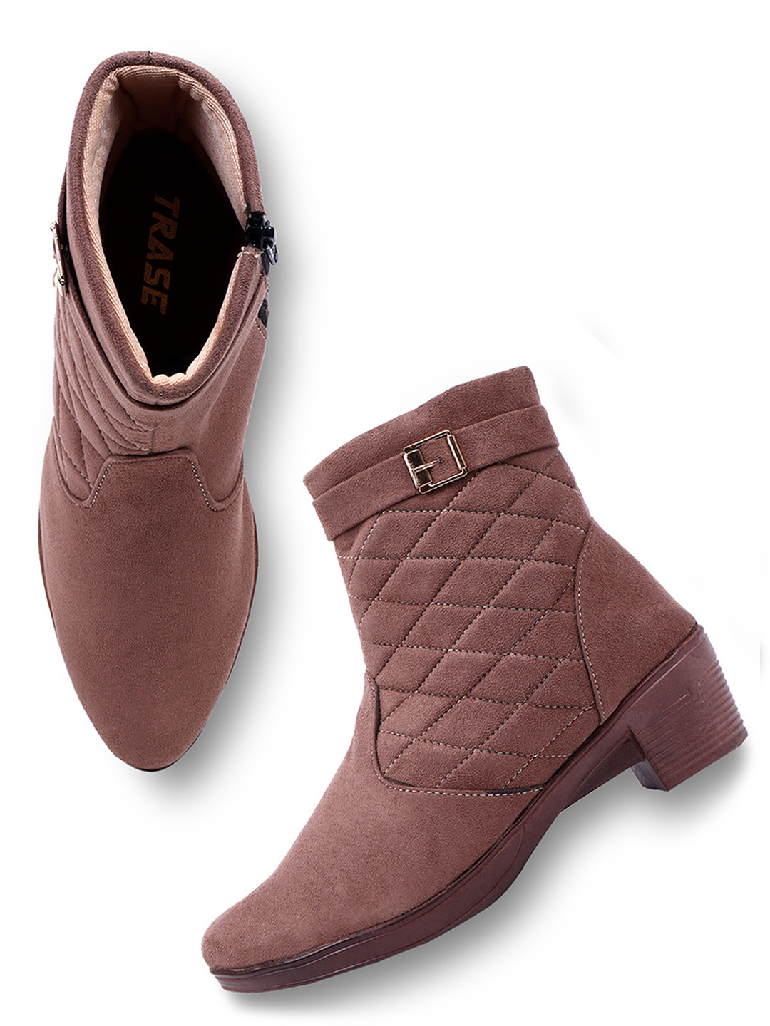 TRASE Women Beige Woven Design Heeled Boots