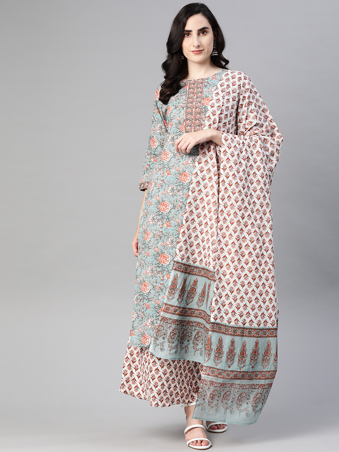 AHIKA Women Blue & Coral Red Motifs Printed Pure Cotton Kurta with Palazzos & Dupatta