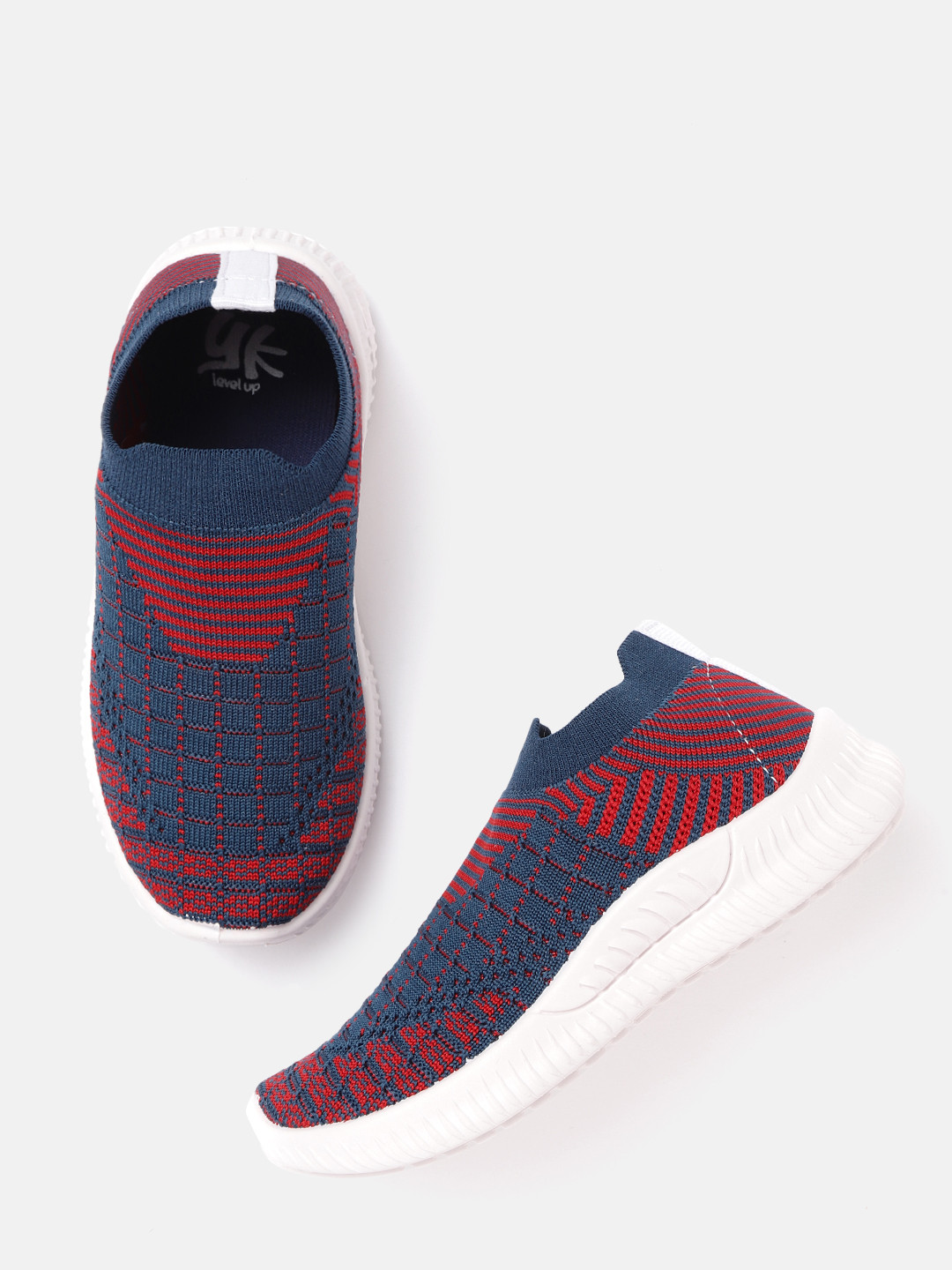YK Boys Teal Blue & Red Woven Design Slip-On Sneakers