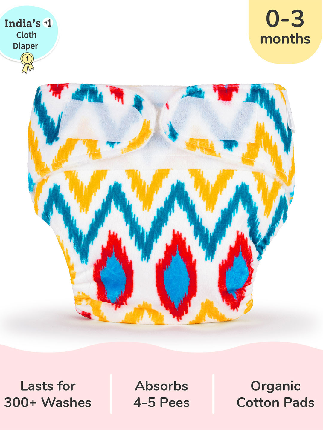 SuperBottoms Newborn UNO Ikat Chevron Printed Sustainable Cloth Diaper with 1 Dry Feel Pad