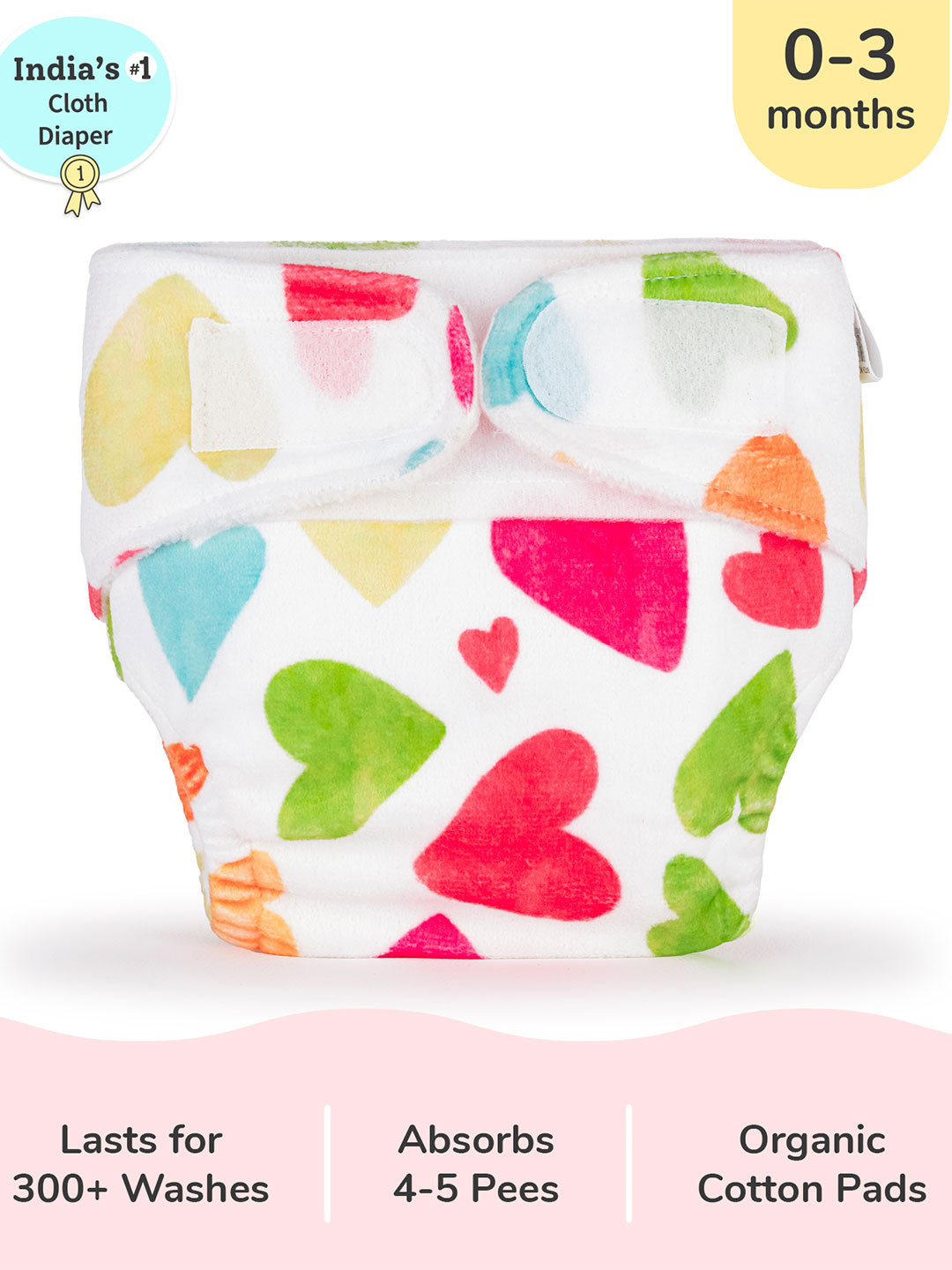 SuperBottoms Newborn UNO Baby Hearts Printed Cloth Sustainable Diaper with 1 Dry Feel Pad