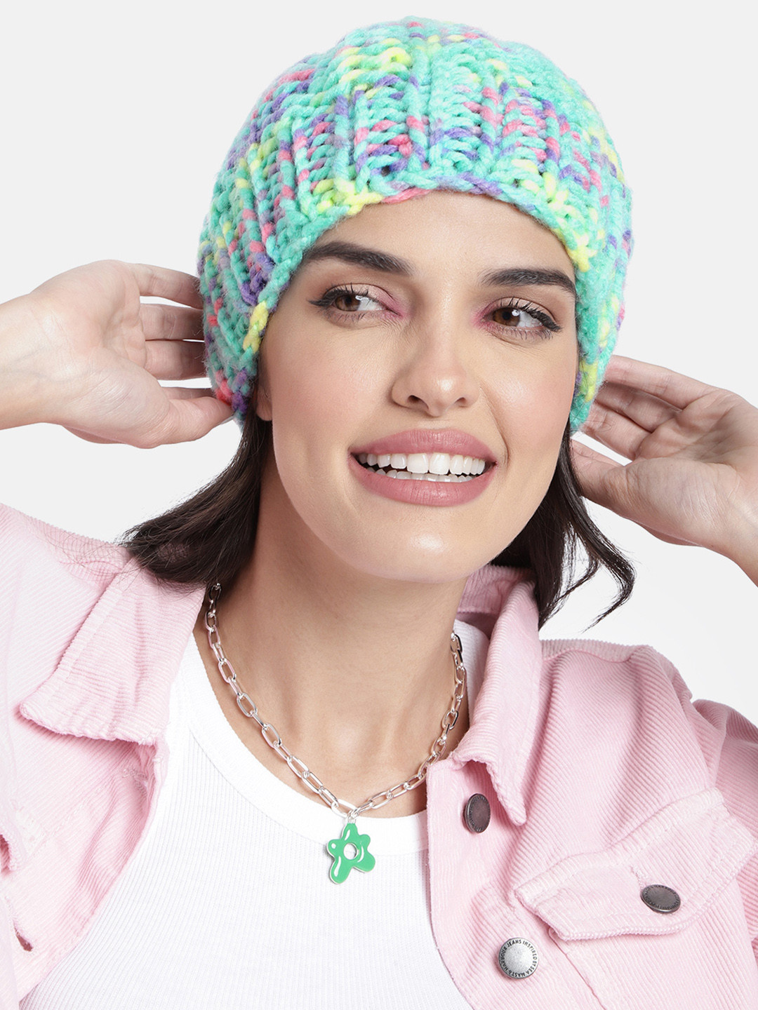 Magic Needles Unisex Teal Green Hand Knitted Self Design Beanie