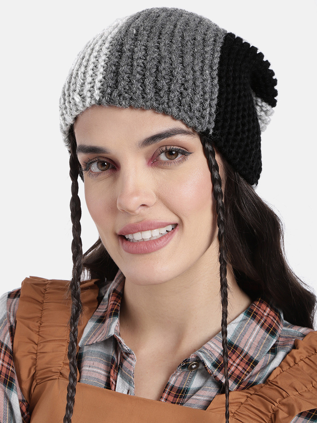 Magic Needles Unisex Black & Grey Colourblocked Hand Knitted Beanie