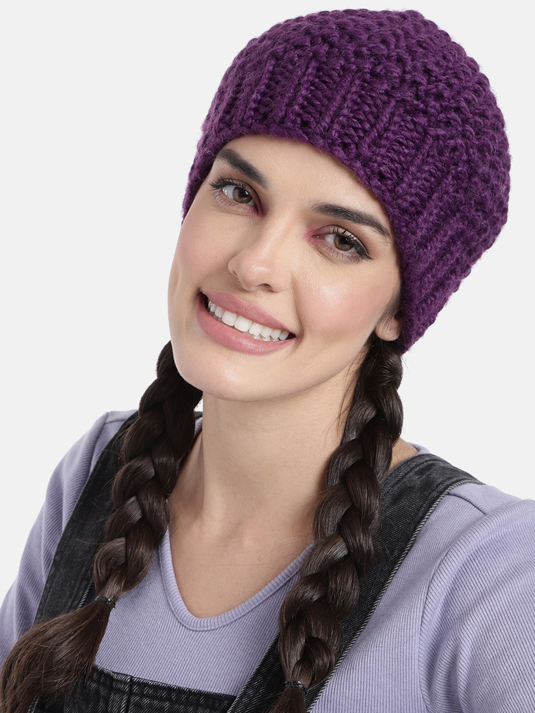 Magic Needles Unisex Purple Hand Knitted Self Design Beanie
