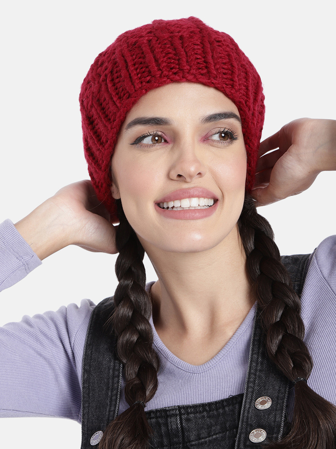 Magic Needles Unisex Maroon Hand Knitted Self Design Beanie