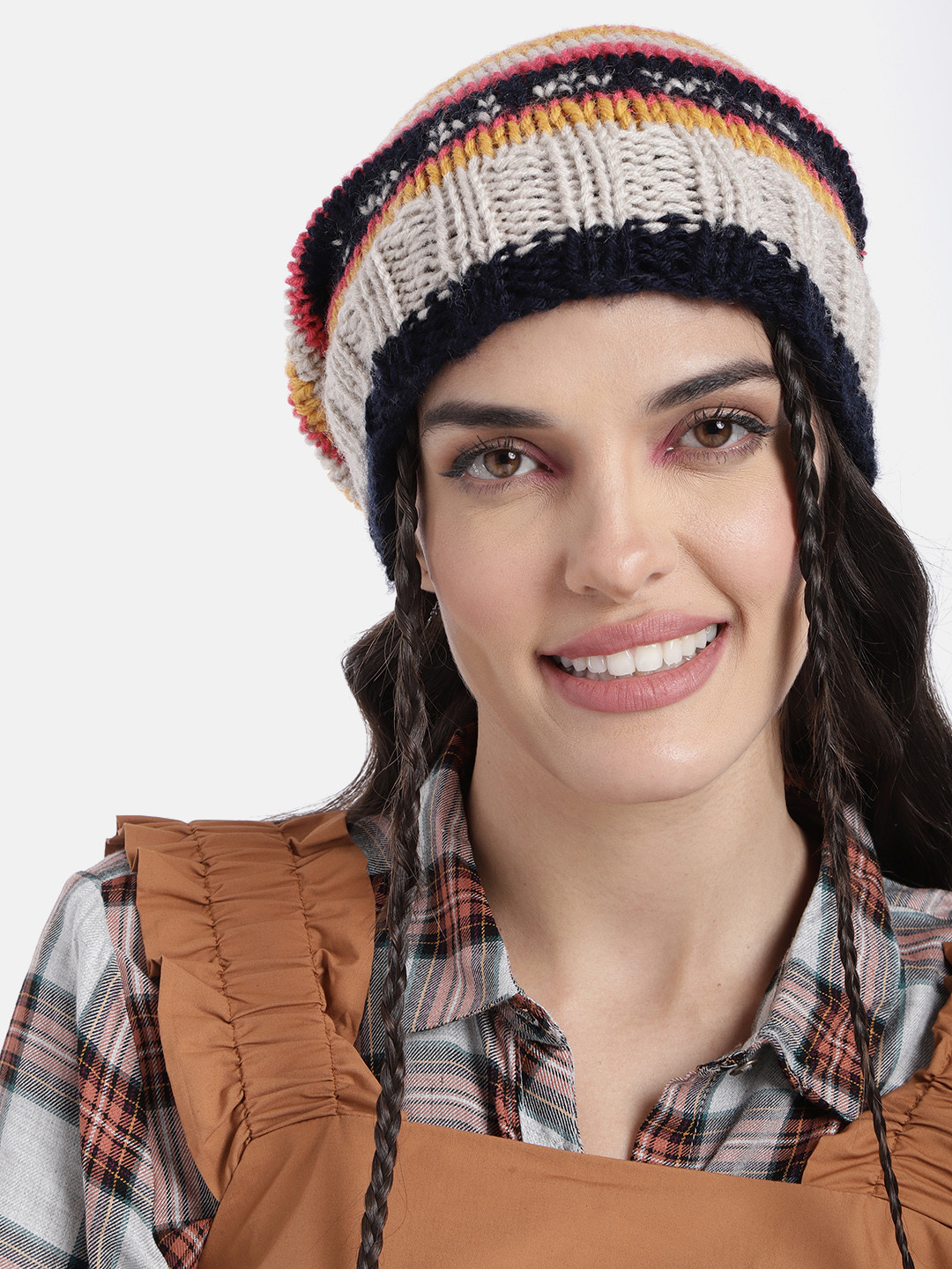 Magic Needles Unisex Beige & Orange Striped Handknitted Beanie