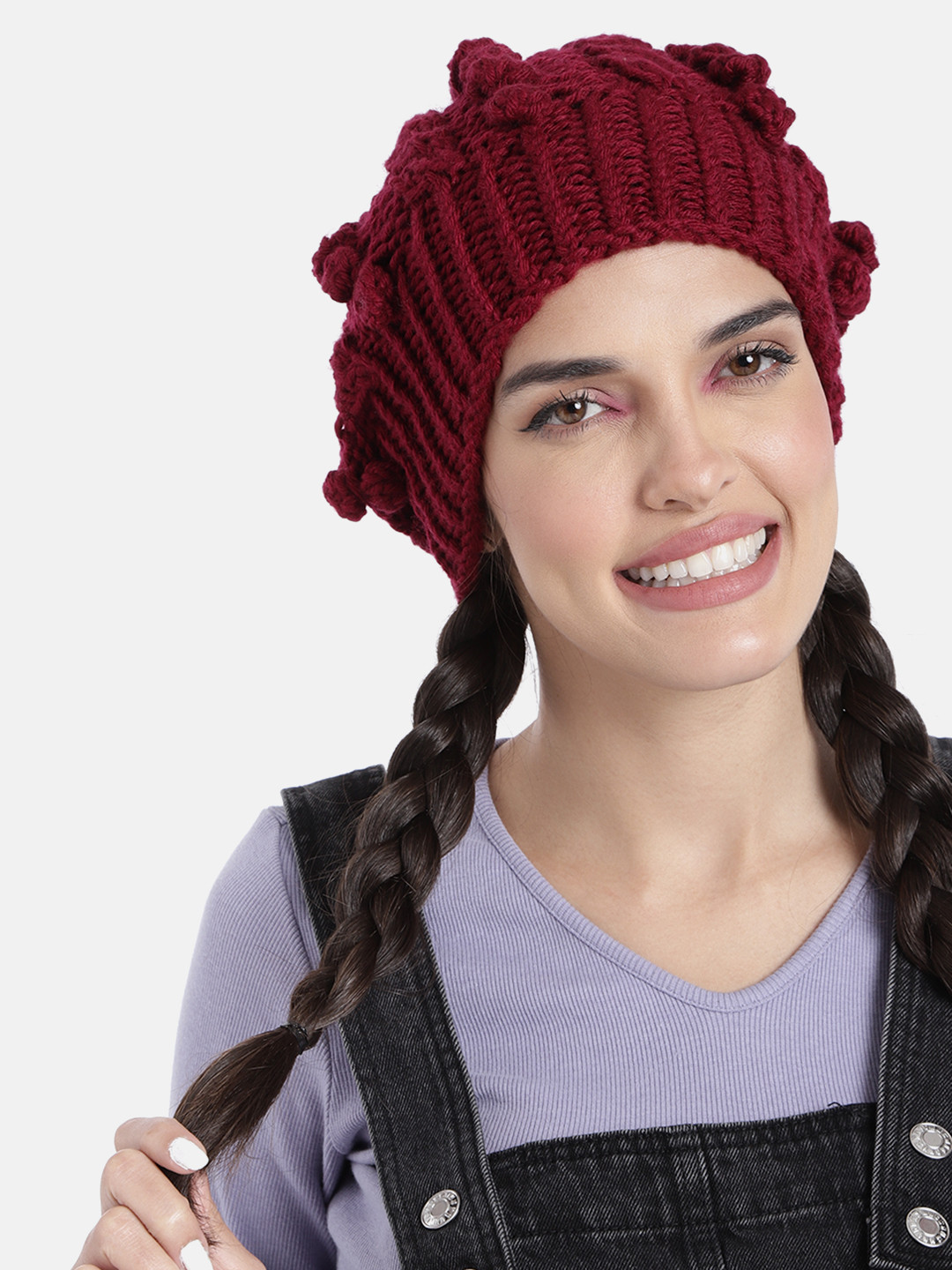 Magic Needles Women Maroon Bobble Handknitted Beanie
