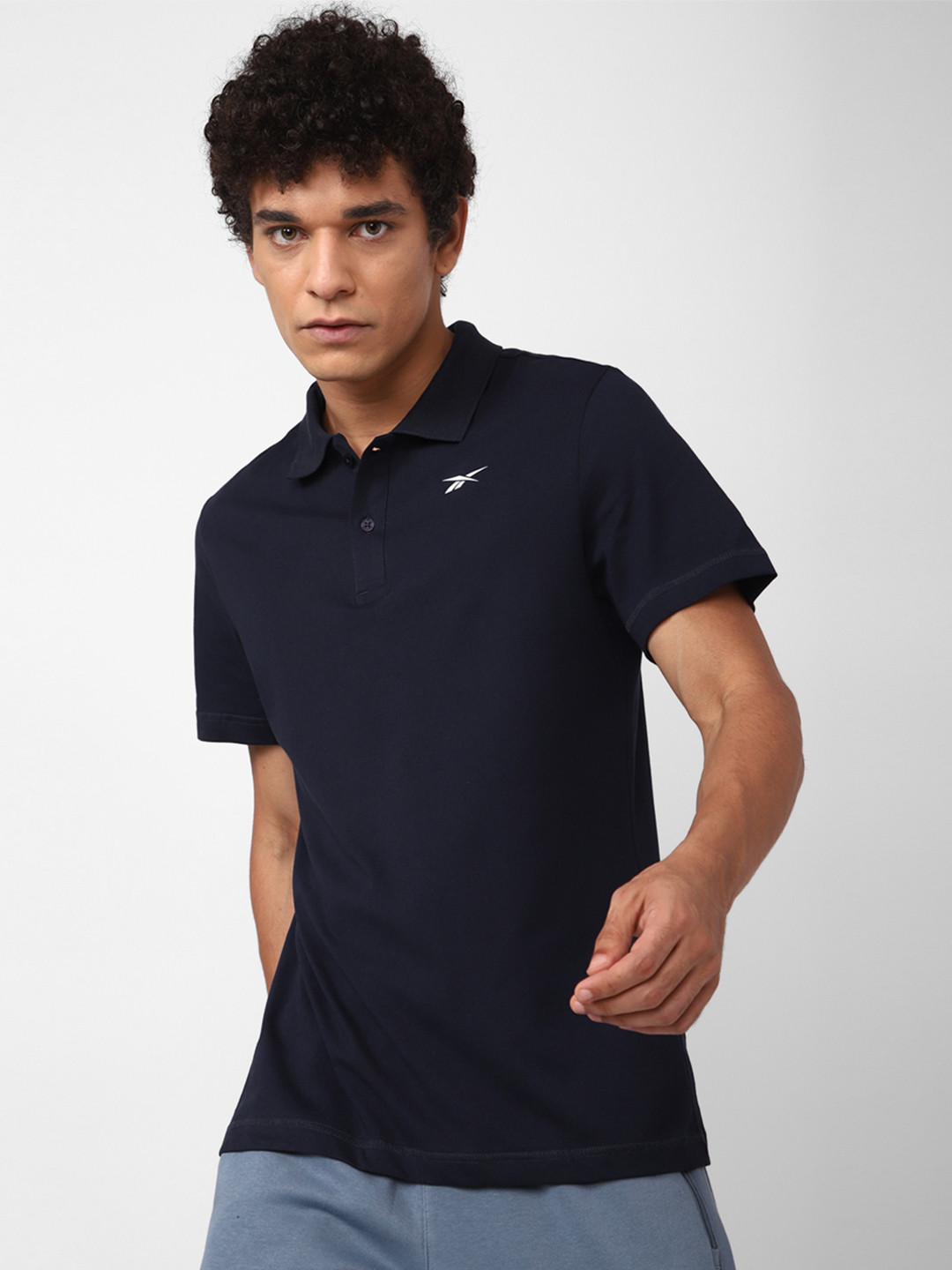 Reebok Men Navy Blue & White Striped Vector Polo Collar Training T-shirt