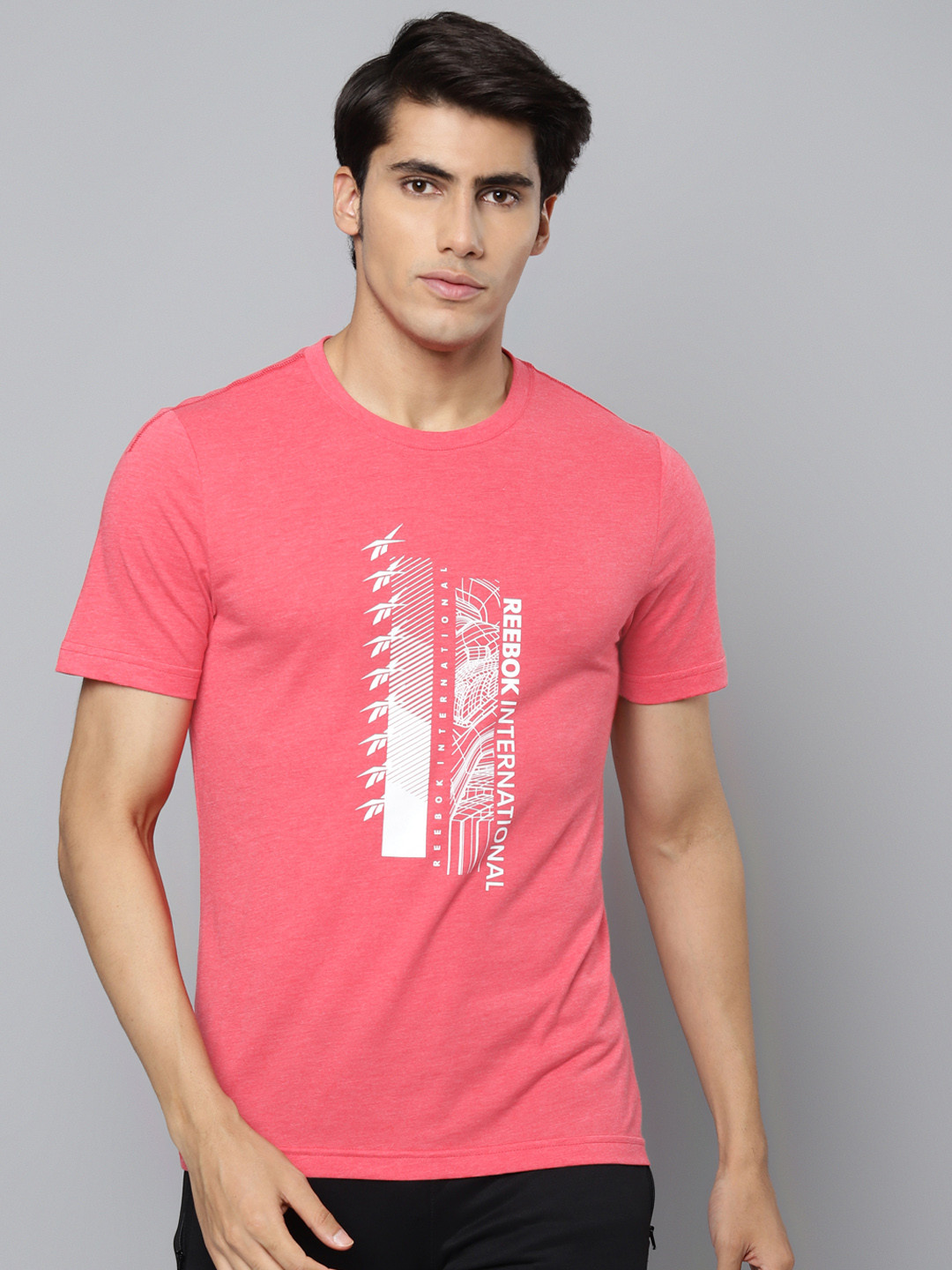 Reebok Men Coral Pink & White Printed Slim Fit Training or Gym T-Shirt