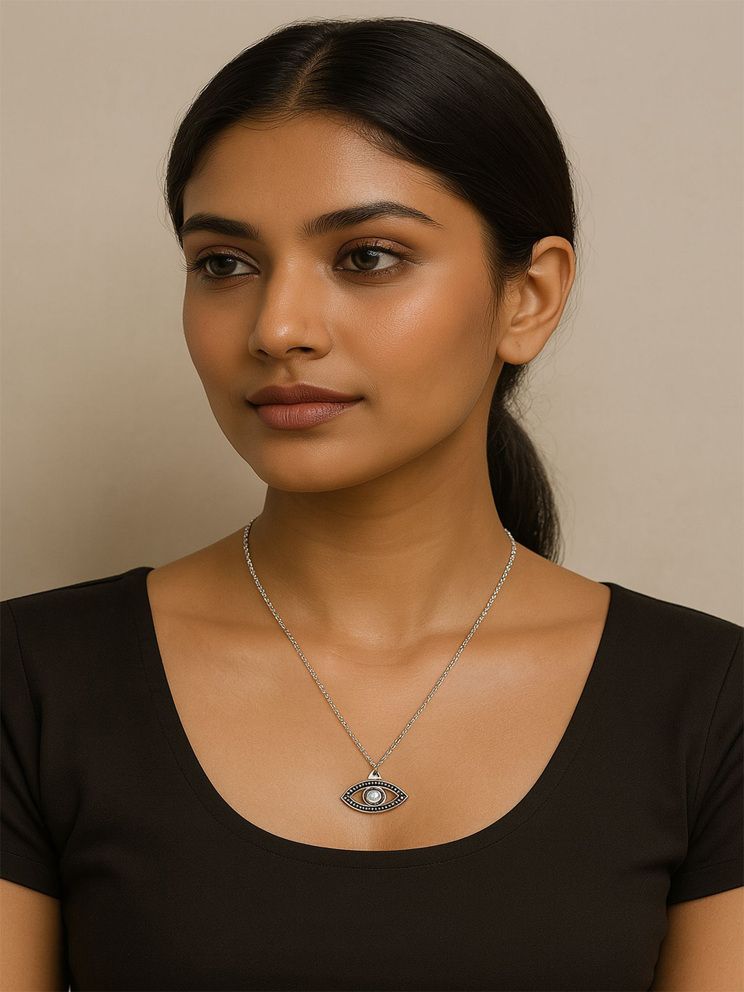Adwitiya Collection Silver-Plated & Black Oxidised Evil Eye Chain
