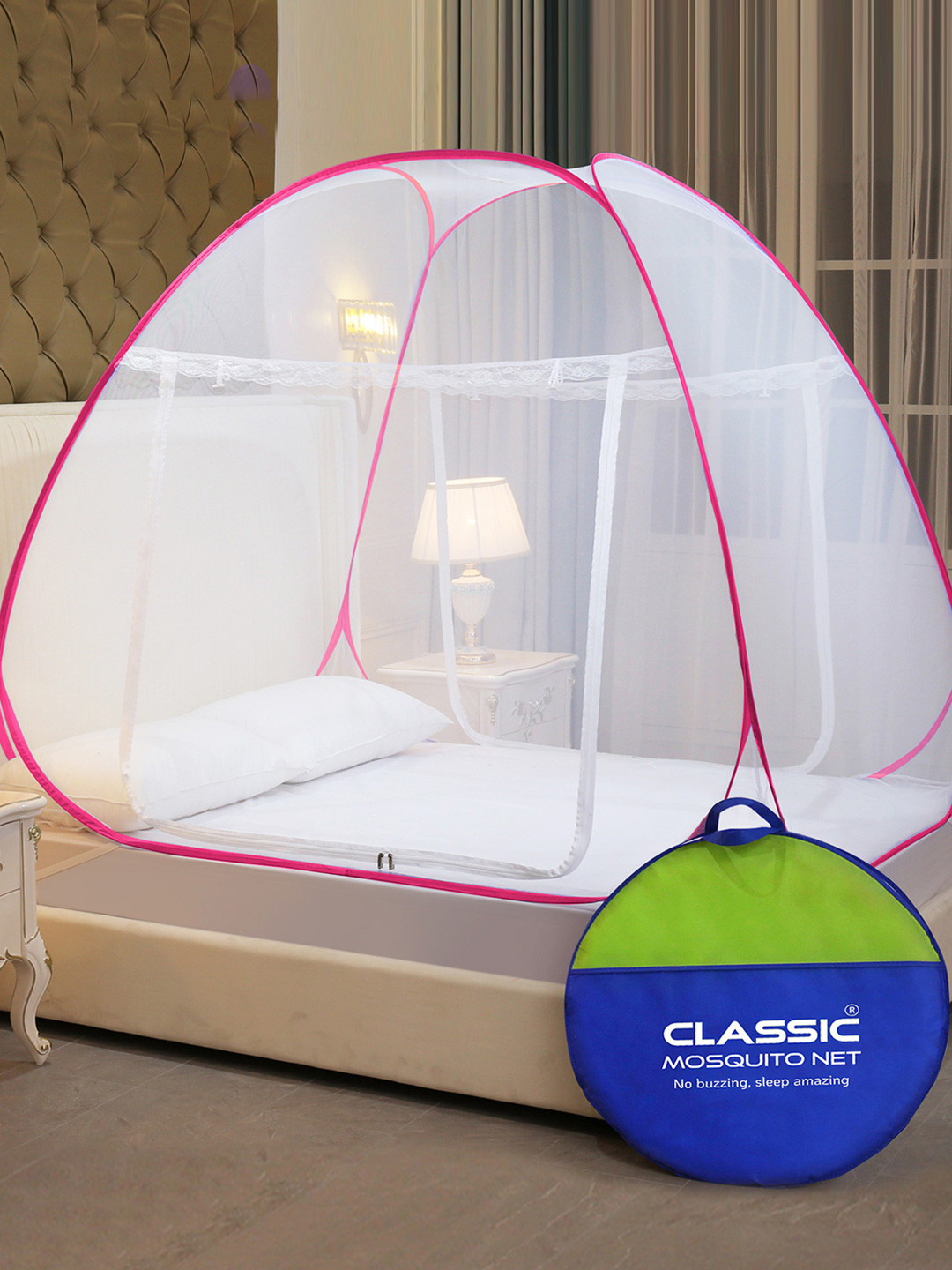 Classic Mosquito Net White & Pink Solid King Size Double Bed Mosquito Net