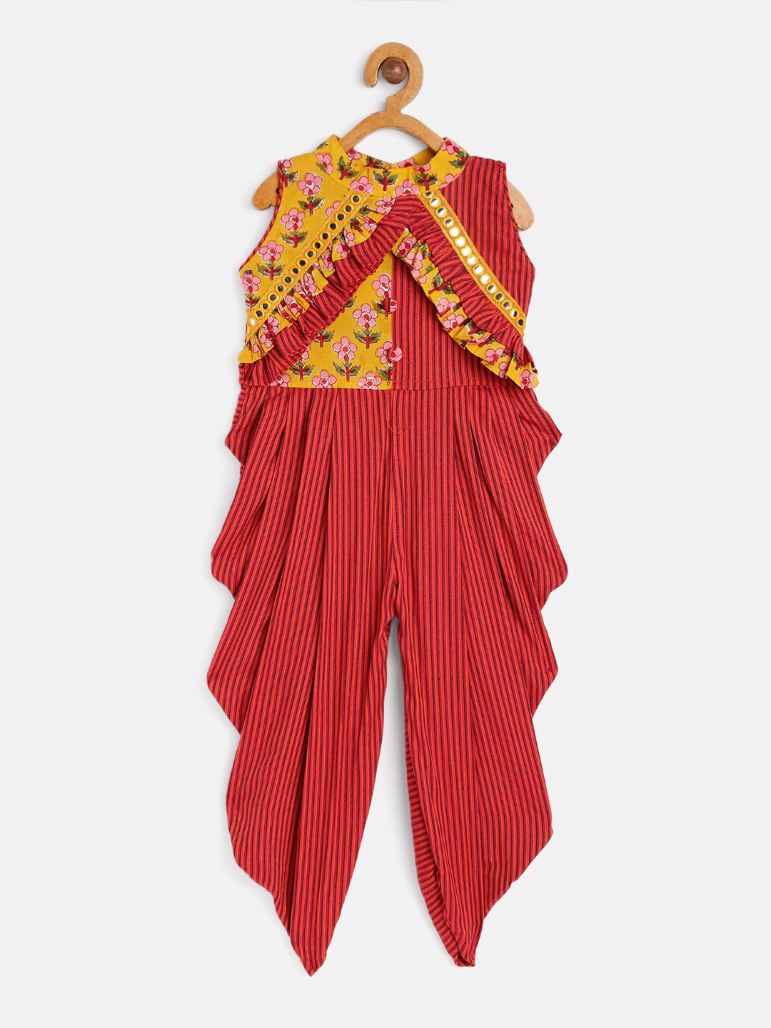 Twisha Girls Yellow & Orange Striped Pure Cotton Dhoti Jumpsuit