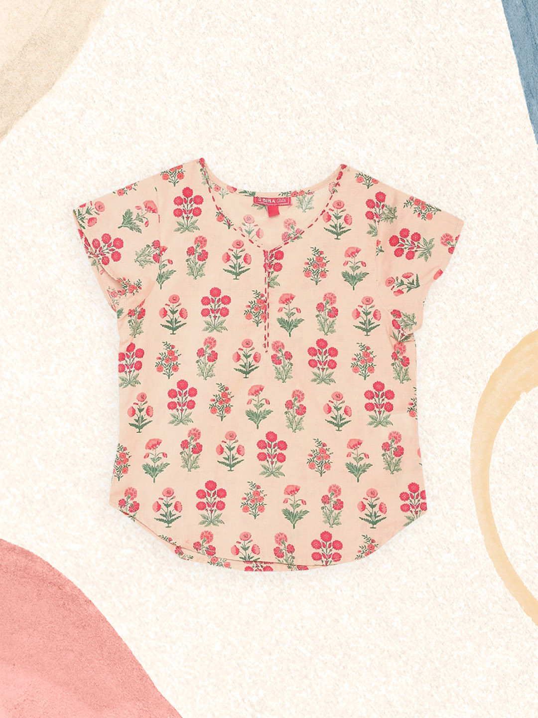 Biba Girls Pink & Green Floral Printed Kurti