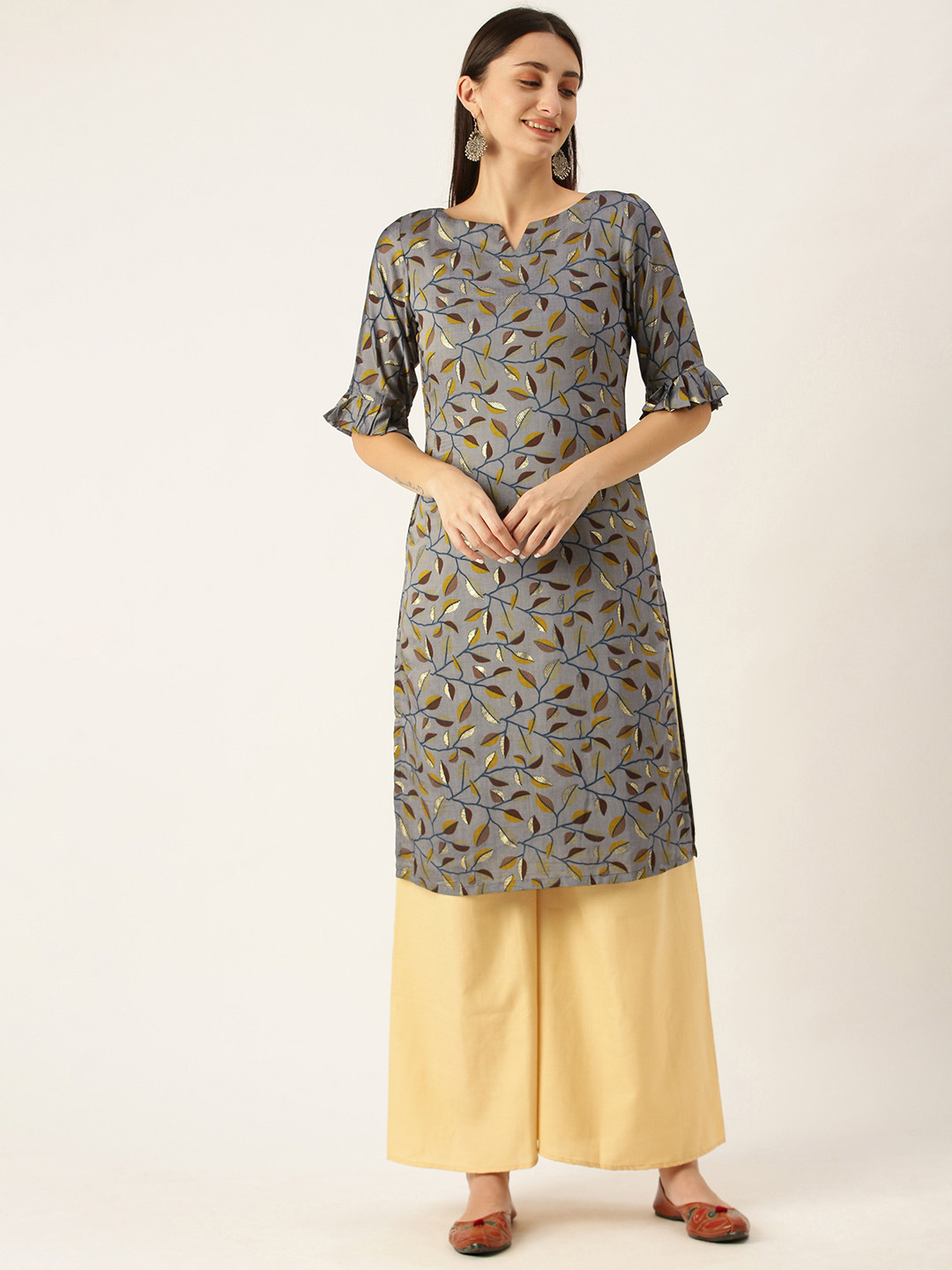Ethnovog Women Grey Printed Made To Measure Kurta with Beige Palazzos
