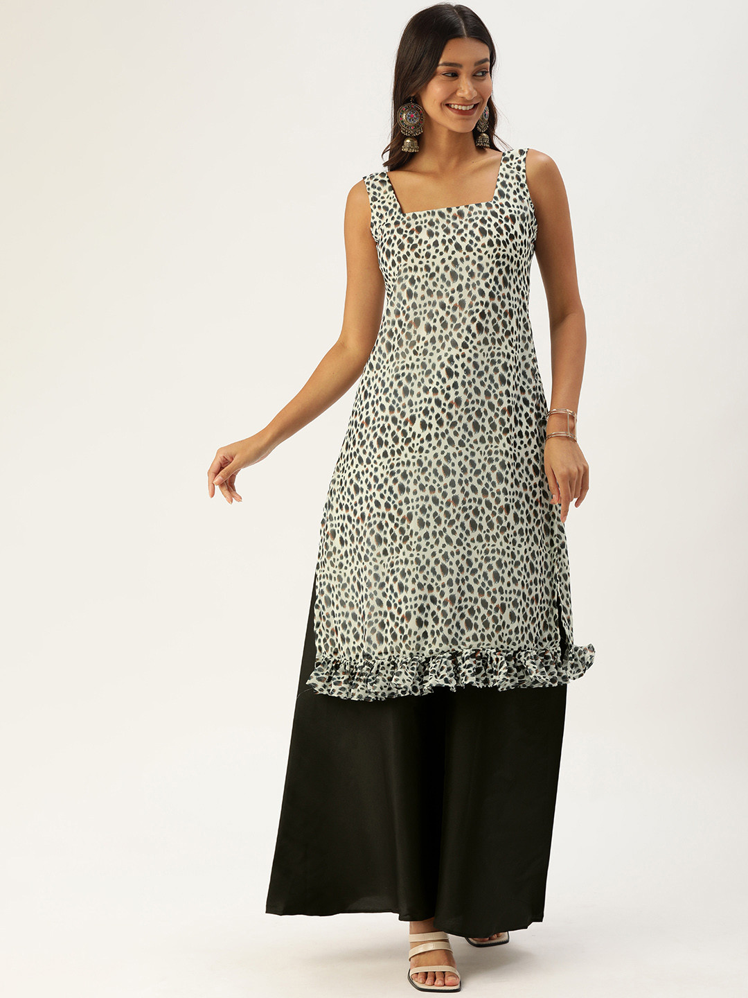 Ethnovog Women Off White  Black Animal Printed Made To Measure Kurta with Palazzos