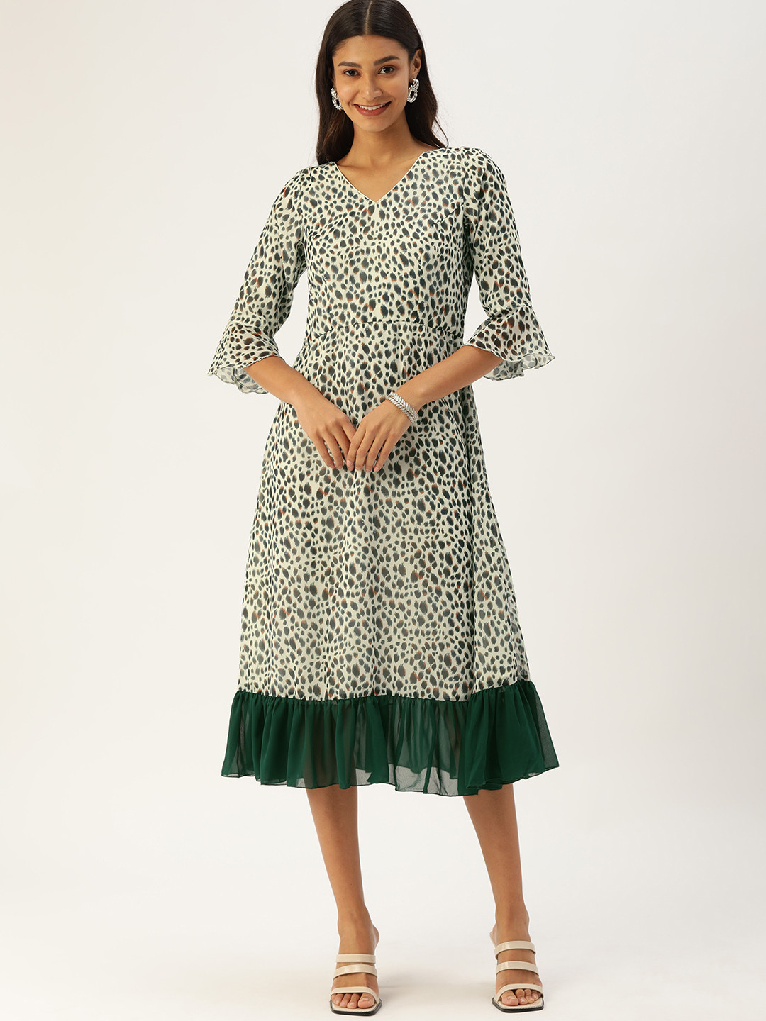 Ethnovog Cream  Black Animal Made To Measure Georgette A-Line Midi Dress