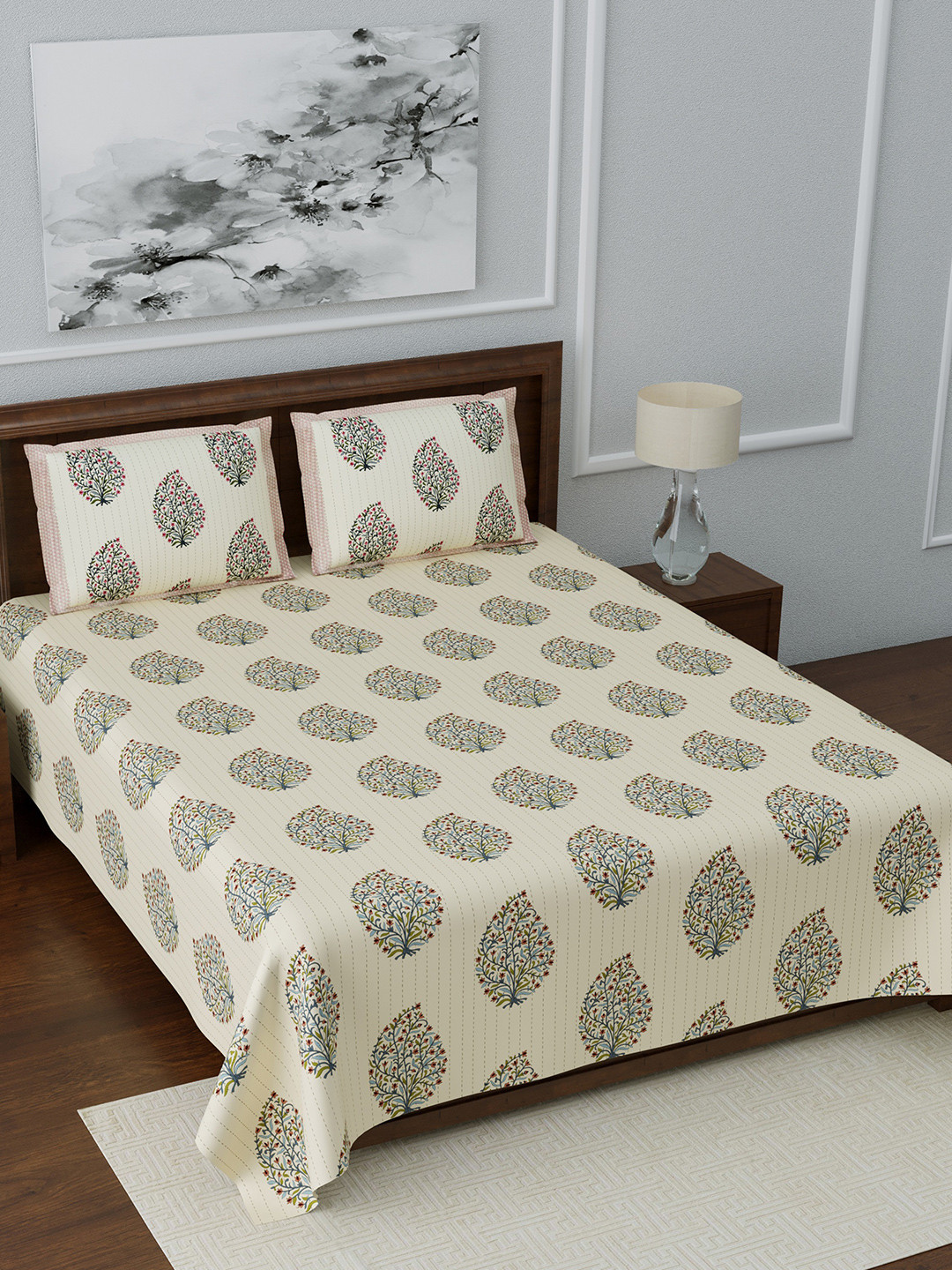 LIVING ROOTS Jaipur Rajasthan Off White Ethnic Motifs Cotton Breathable 180 TC King Fine Bedsheet with 2 Pillow Covers-90 x 103 inches