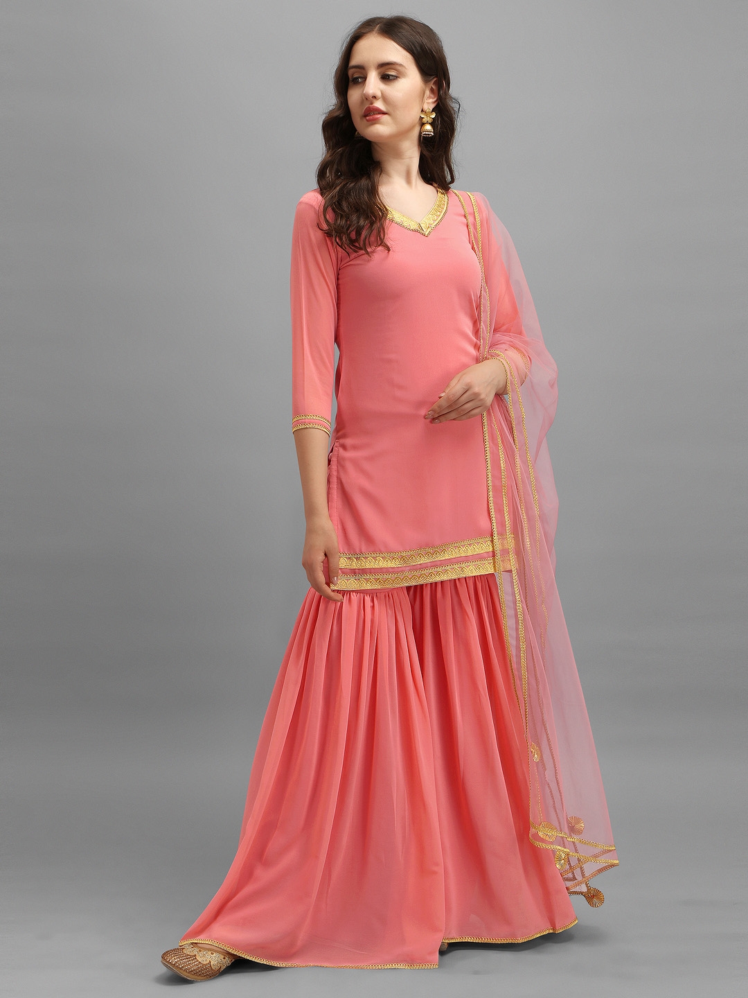 Buy Inddus Women Pink Georgette Embroidered Kurti With Sharara  Dupatta   Kurta Sets for Women 11611262  Myntra