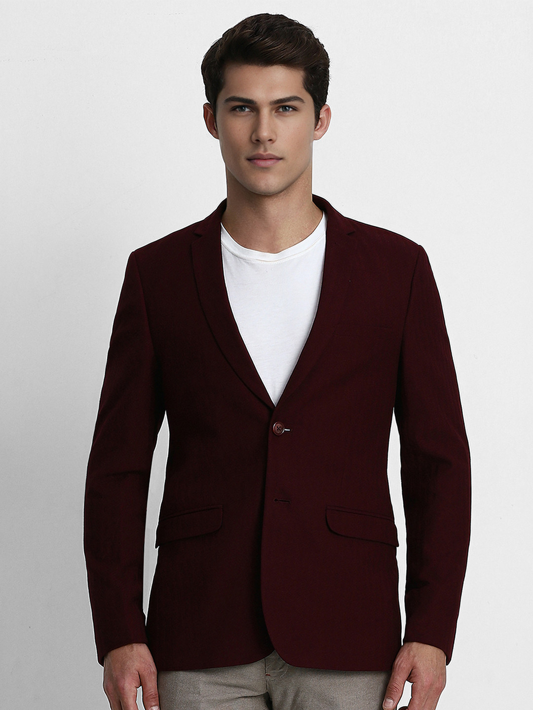 Louis Philippe Sport Men Maroon Self Design Single-Breasted Cotton Formal Blazer