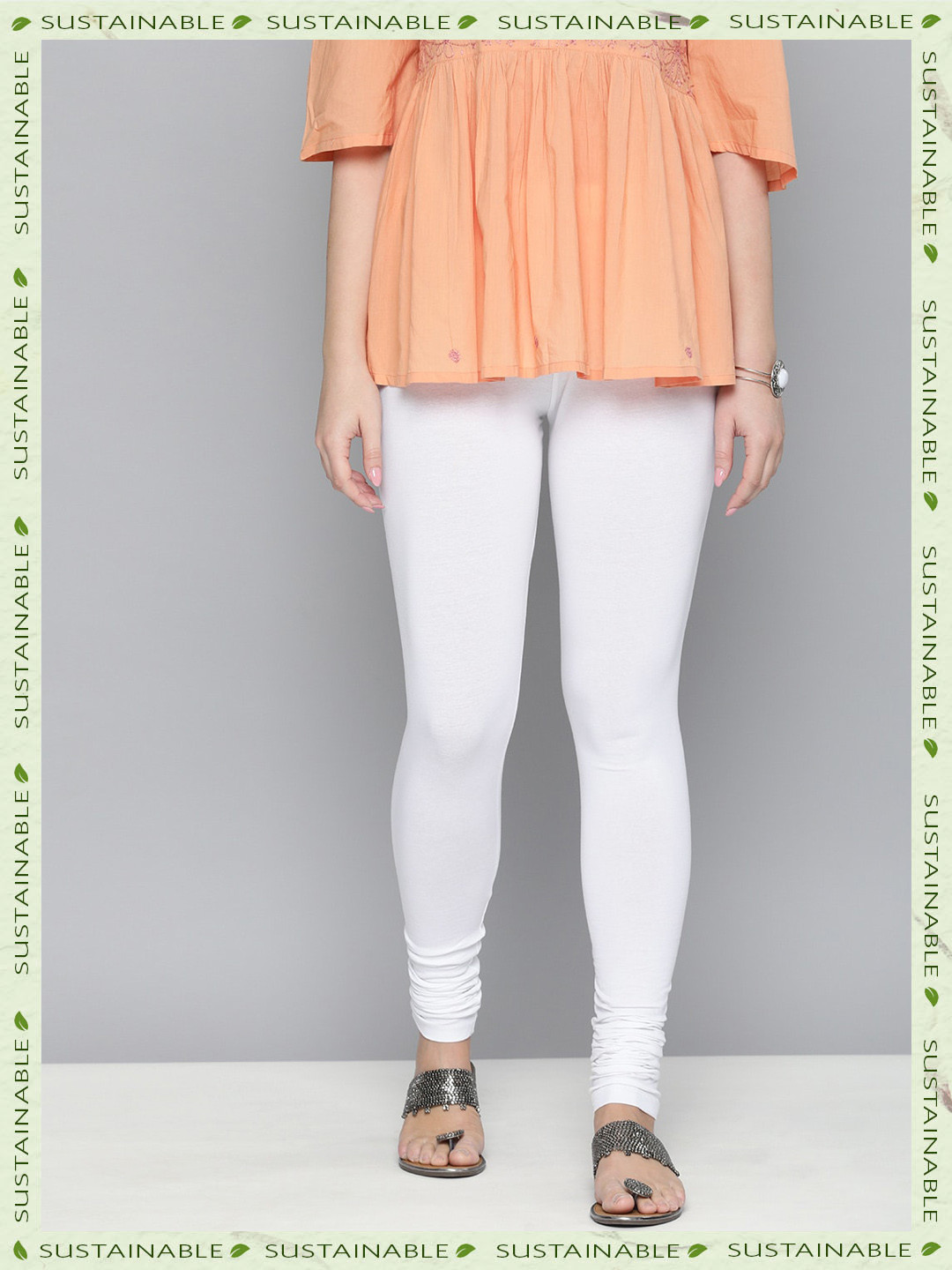 HERE&NOW Women White Solid Churidar Length Leggings