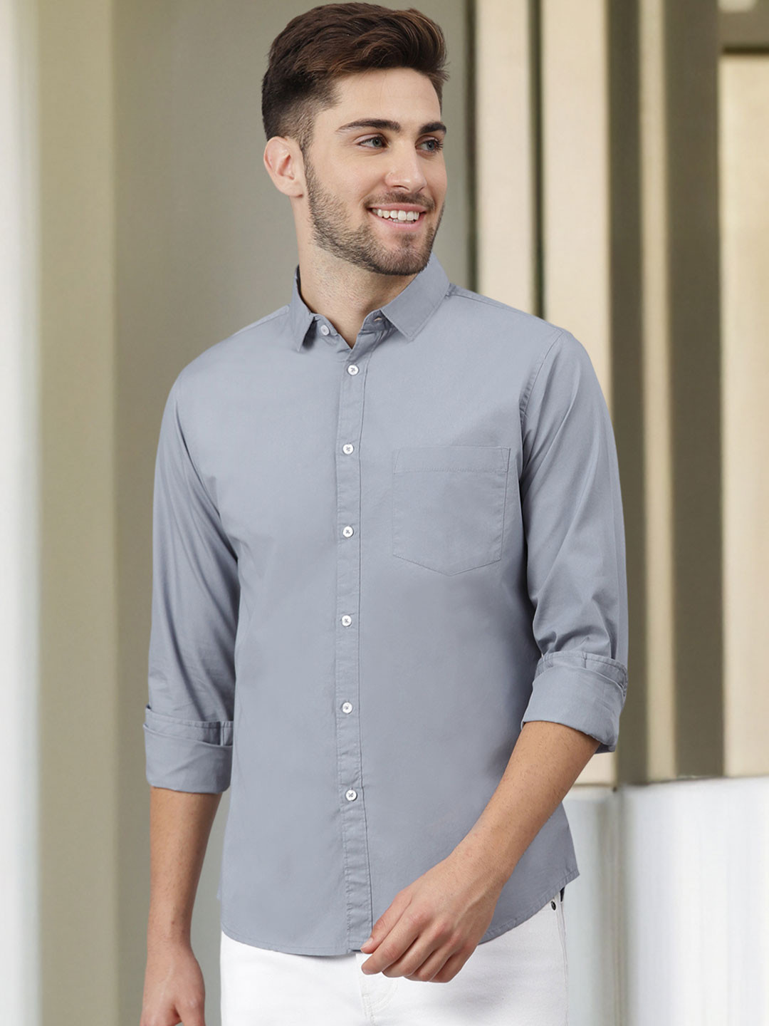 Dennis Lingo Men Grey Slim Fit Solid Casual Shirt