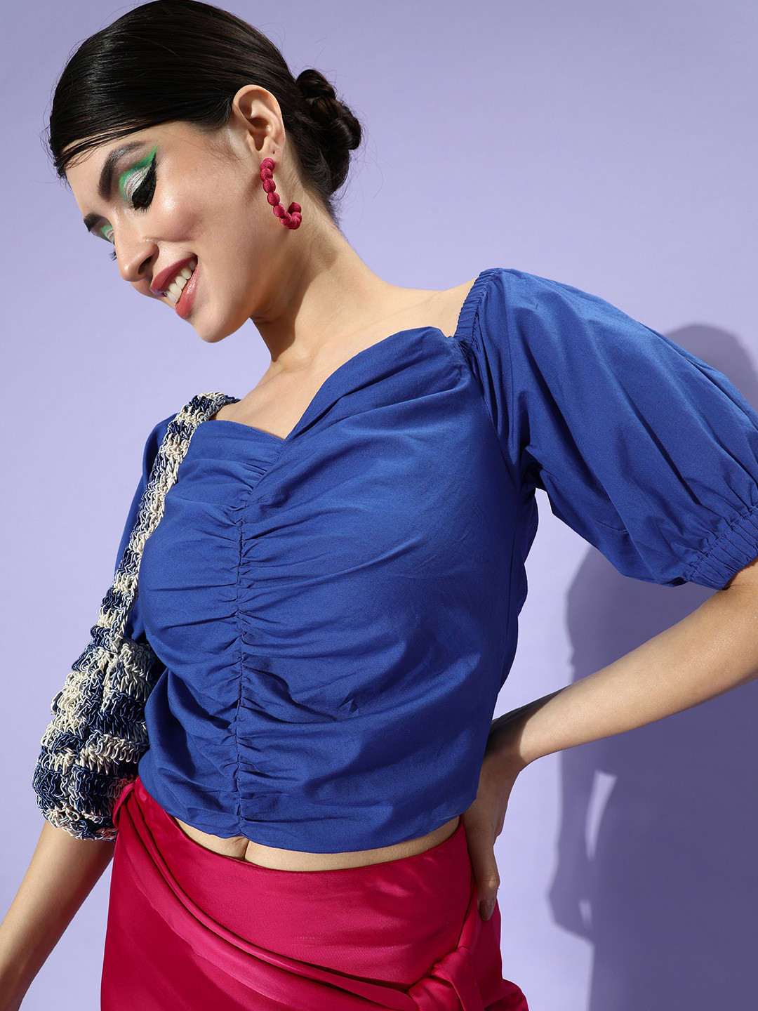 Moda Rapido Women Blue Solid Sweet Heart Neck Line Top