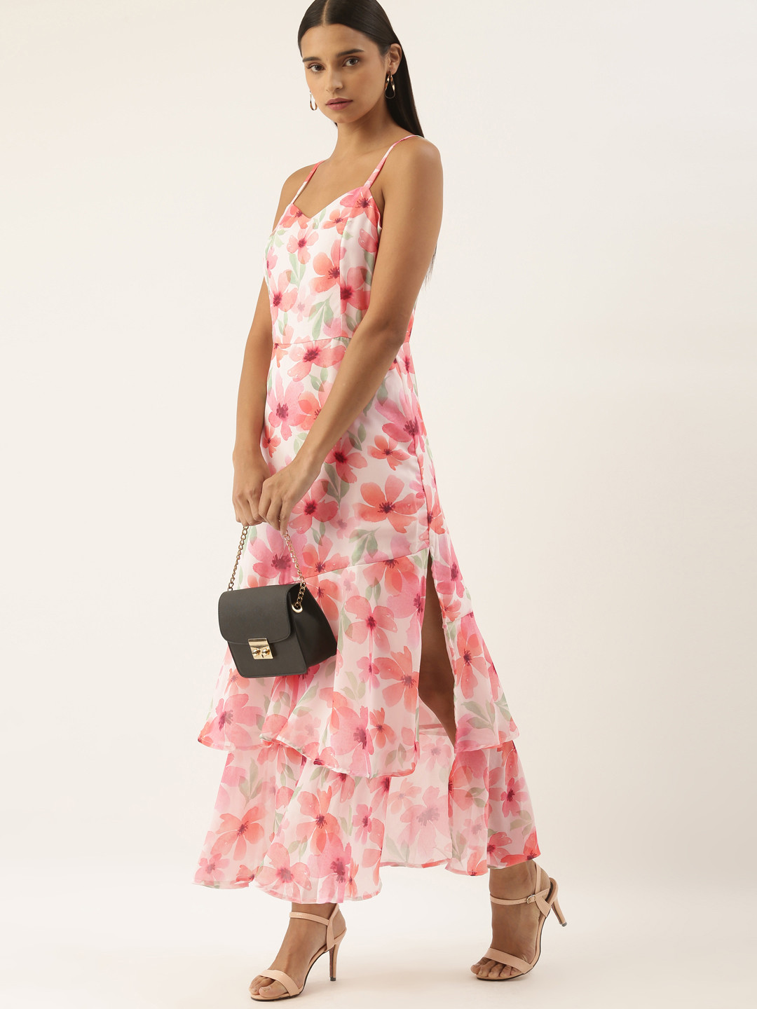Moda Rapido White & Peach-Coloured Floral Layered Maxi Dress