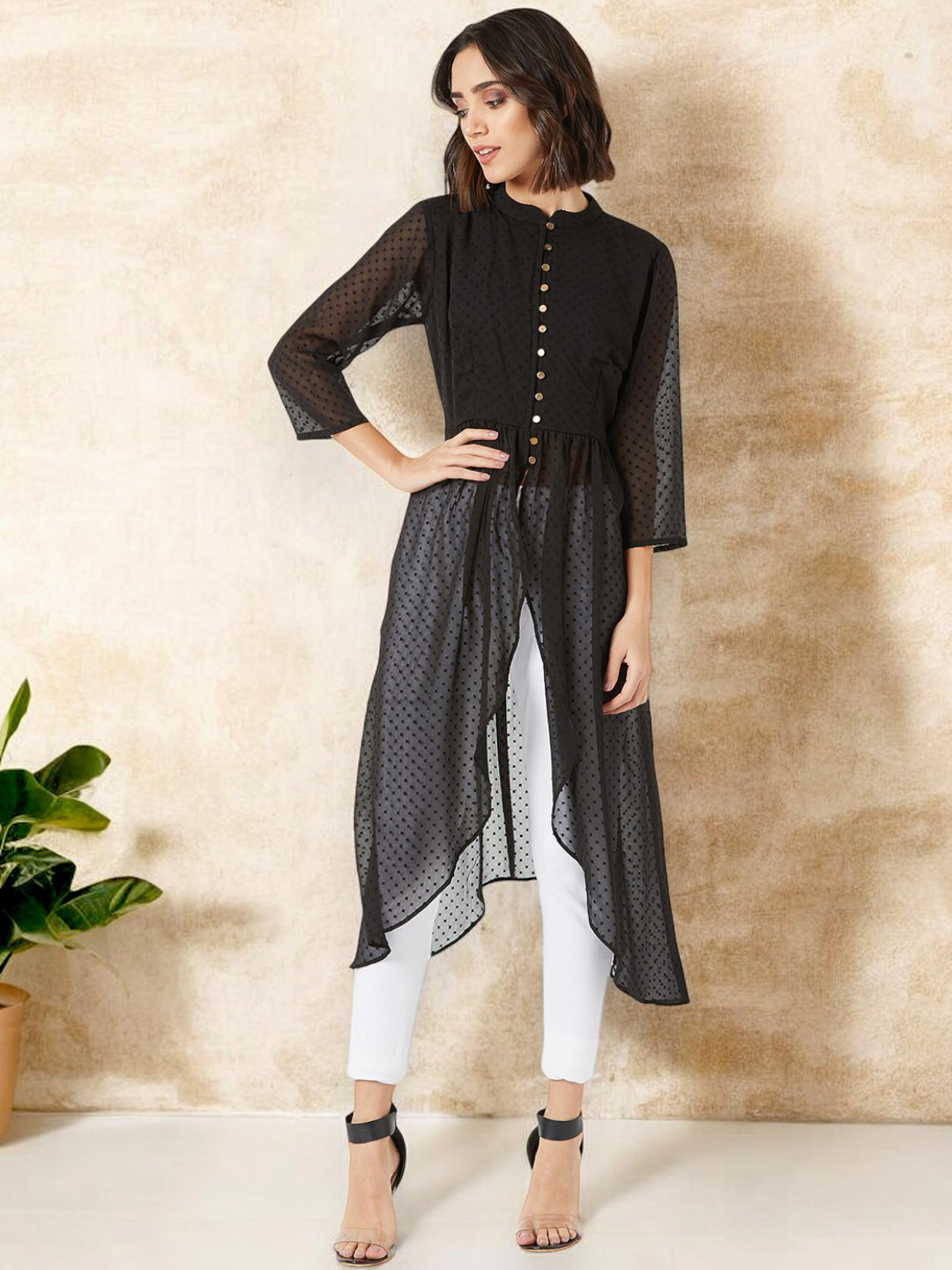 Miss Chase Black Mandarin Collar Chiffon Maxi Longline Top