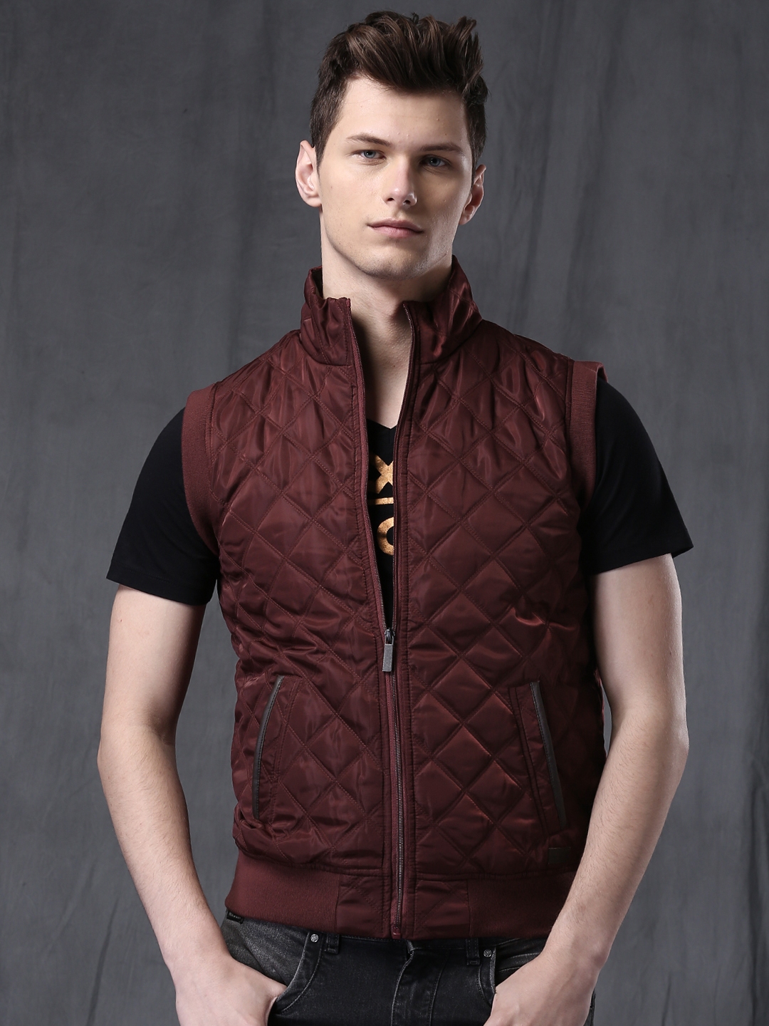 Buy WROGN Burgundy Quilted Sleeveless Jacket Jackets for Men