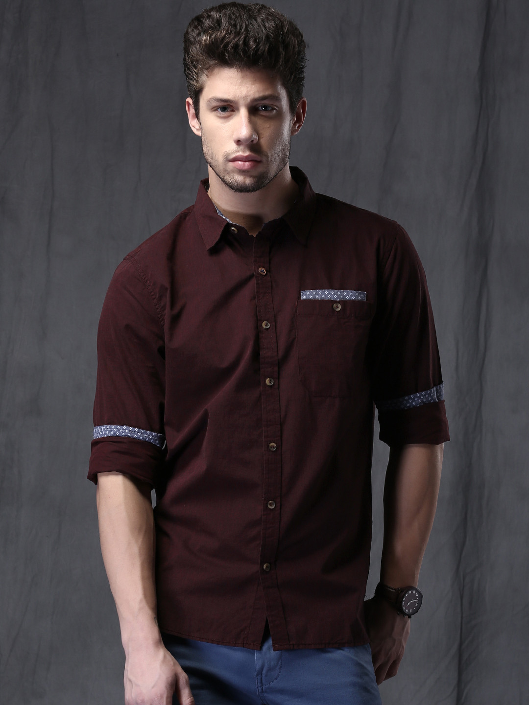 Buy WROGN Men Burgundy Slim Fit Solid 