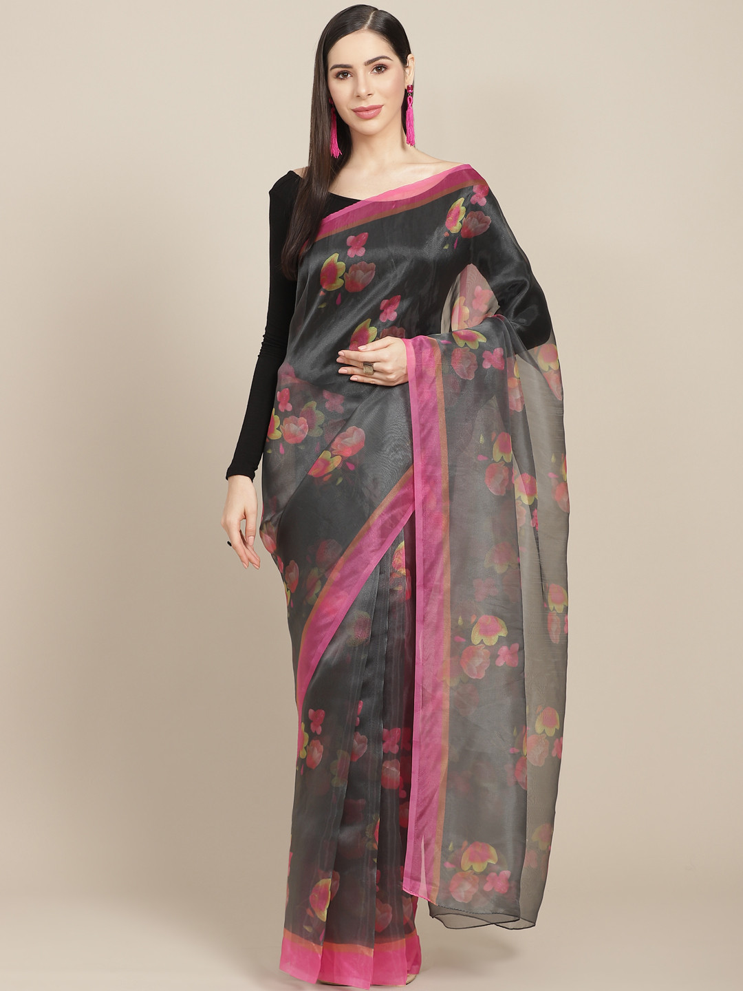 Anouk Charcoal Grey & Pink Floral Celebrity Organza Saree