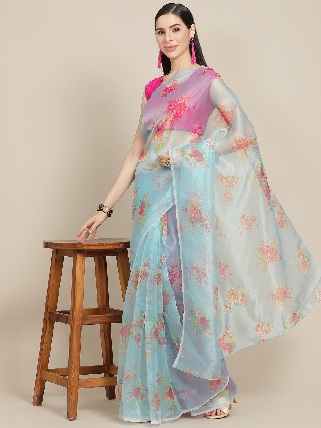 Anouk Blue & Pink Floral Celebrity Organza Saree