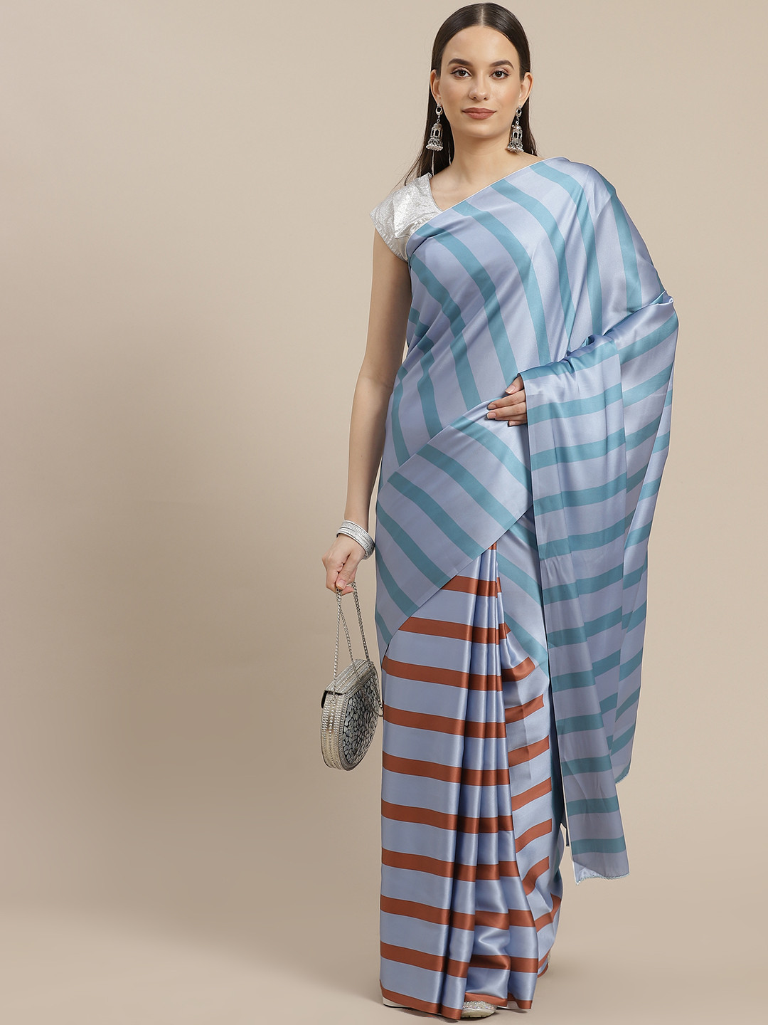 Anouk Blue & Maroon Striped Satin Half and Half Saree