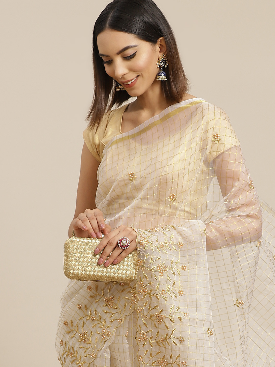 Anouk Off White & Golden Checked Embroidered Organza Saree